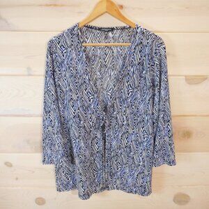 Notations Women's plus size 1X Cardigan with Bead Tie Closure Blue Diamond Print